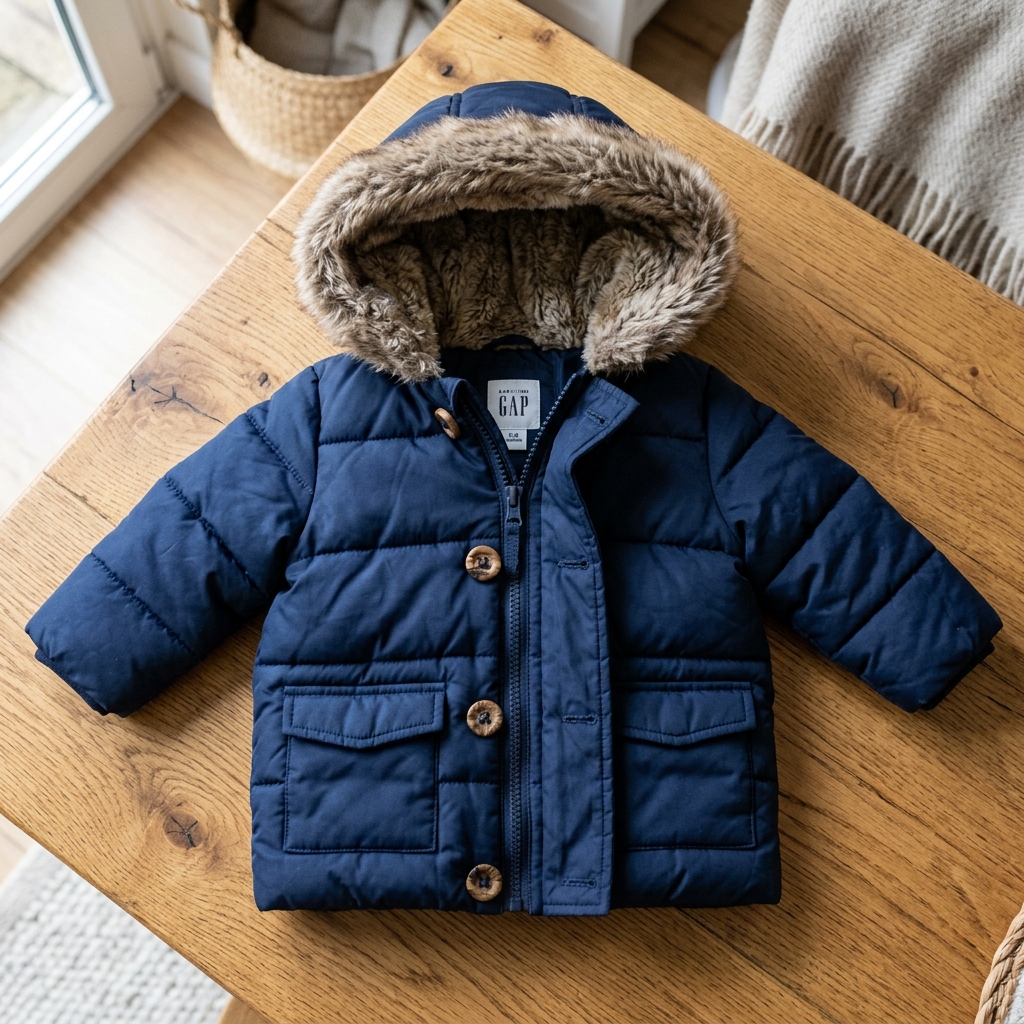 GAP Baby Boy Navy Puffer Coat with Faux Fur Hood 3-6m